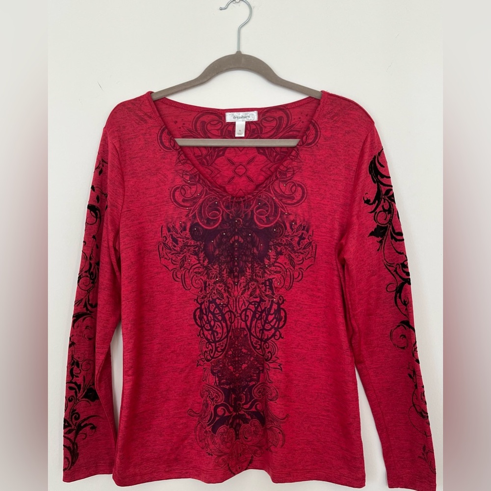 Womens Red & Black Long Sleeve Dress Barn Blouse, Can be dressed up or down, XL